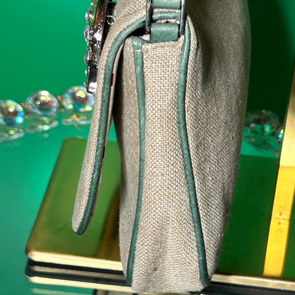 Kate Spade Beige Woven Linen Shoulder Bag – Green Trim – Small – Like New - Picture 3 of 13